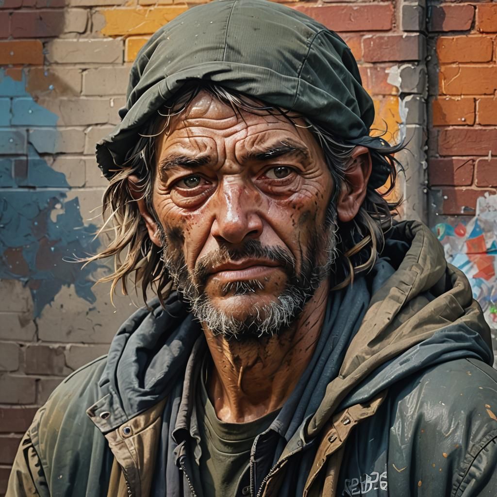 Homeless person out on the streets Hyperrealistic, splash ar...