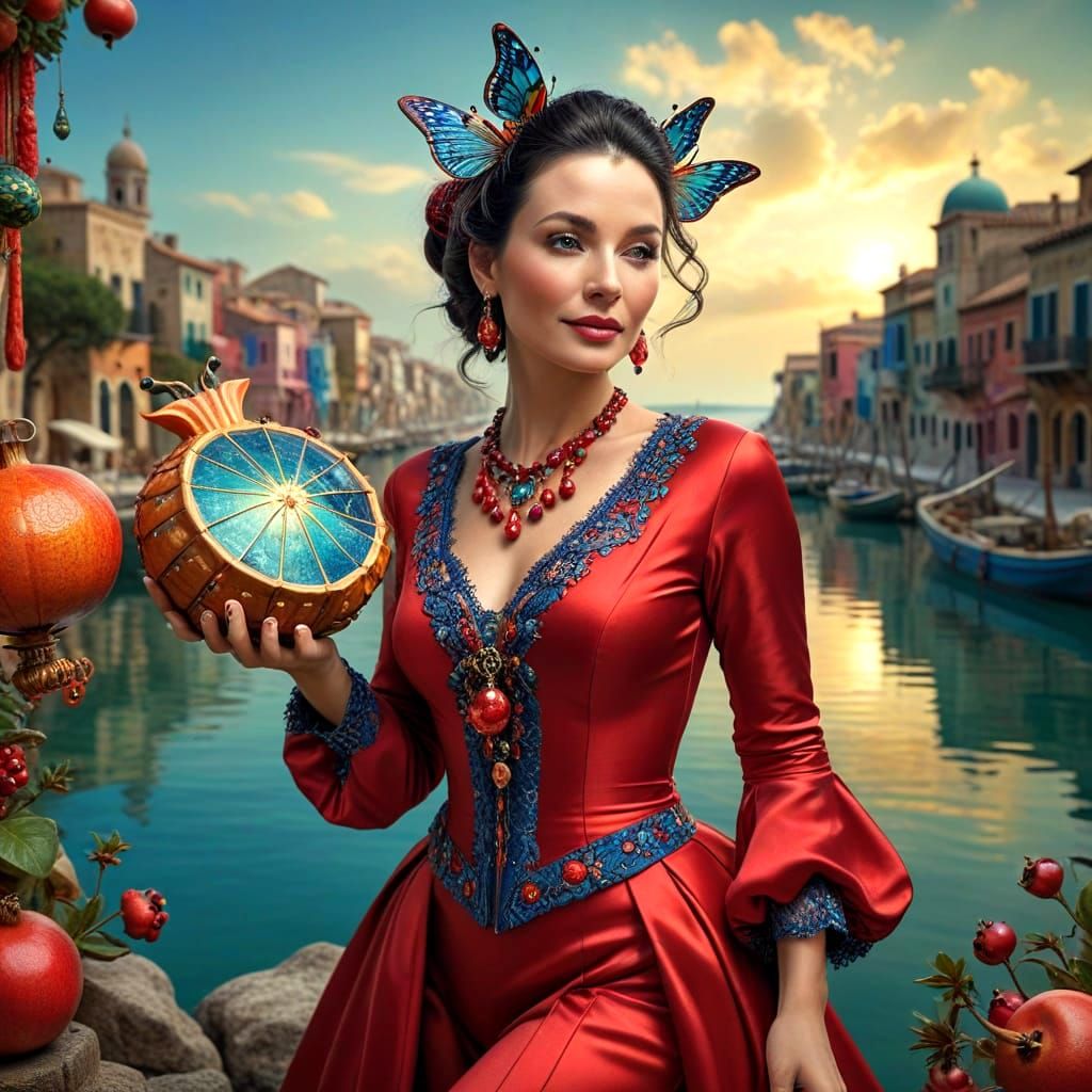 Happy Woman in Surreal Scene, Photorealistic Full Body View