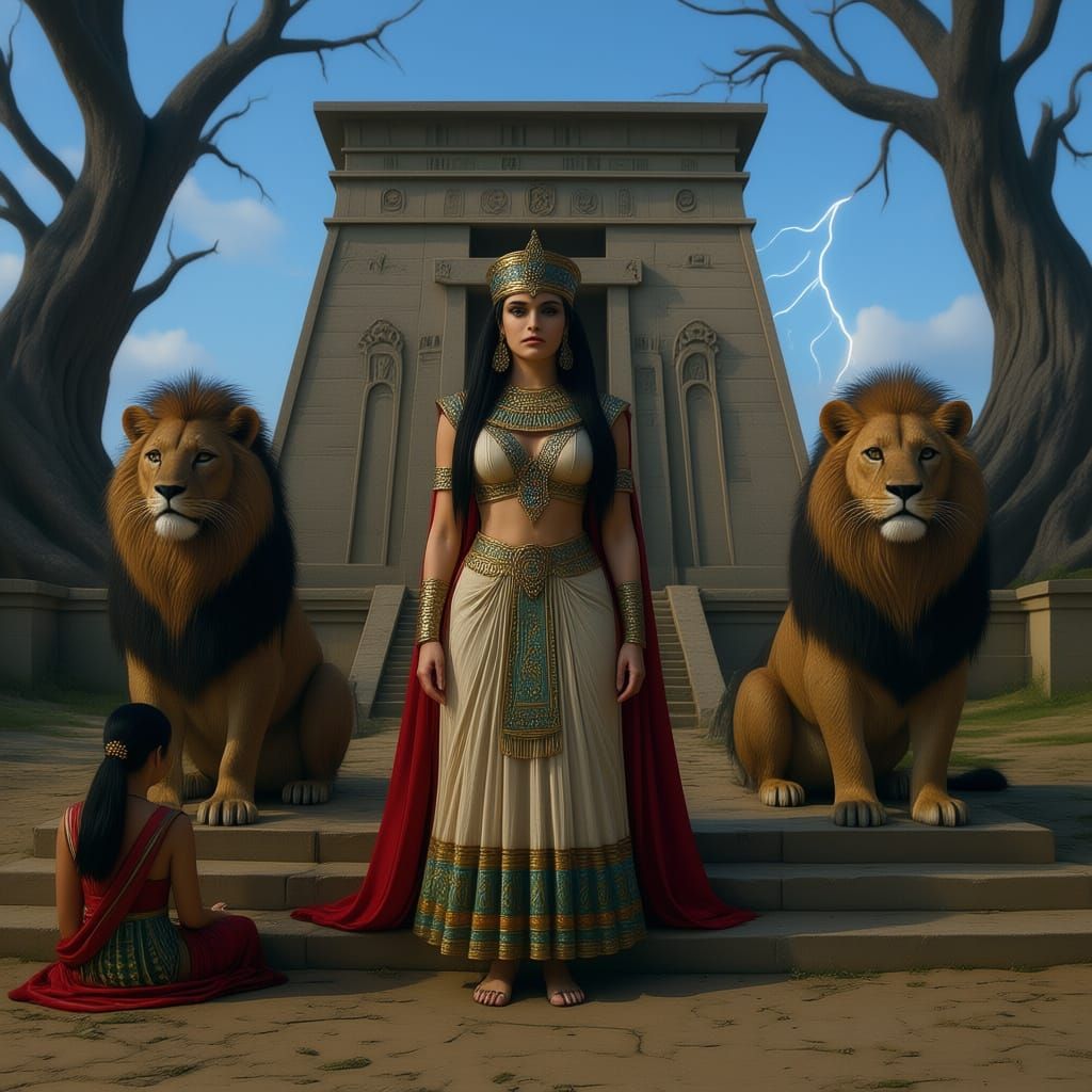 The Sumerian goddess Innana standing in front of her temple, in between 2 lioness. Her temple over looks the land and her priestesses sit at...
