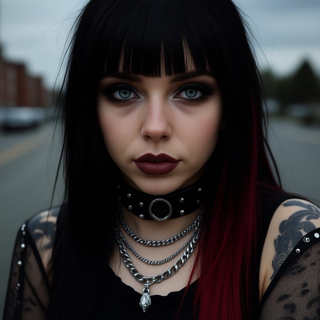 Goth Woman Portrait with Red Hair Streaks
