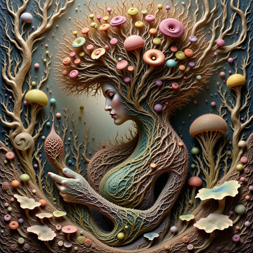 <lora:Complexity Wash:1.0> GODDESS HOLDING IN HANDS MOST ARTISTIC CURLICUES ARRANGEMENT BOUQUET OF DRIED FLOWERS, ELONGATED MUSHROOMS FIDDLE...