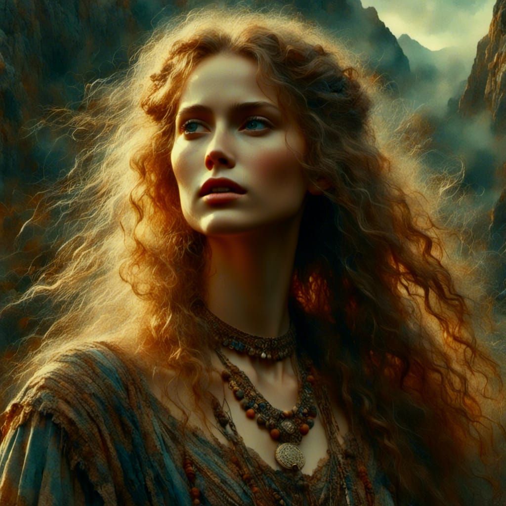 <lora:Dark and Light paint:1.0> <lora:Barbarian Hero Style:1.0> <lora:DL- Paint:1.0> women with thin darkblond long hair wavy wearing in blo...