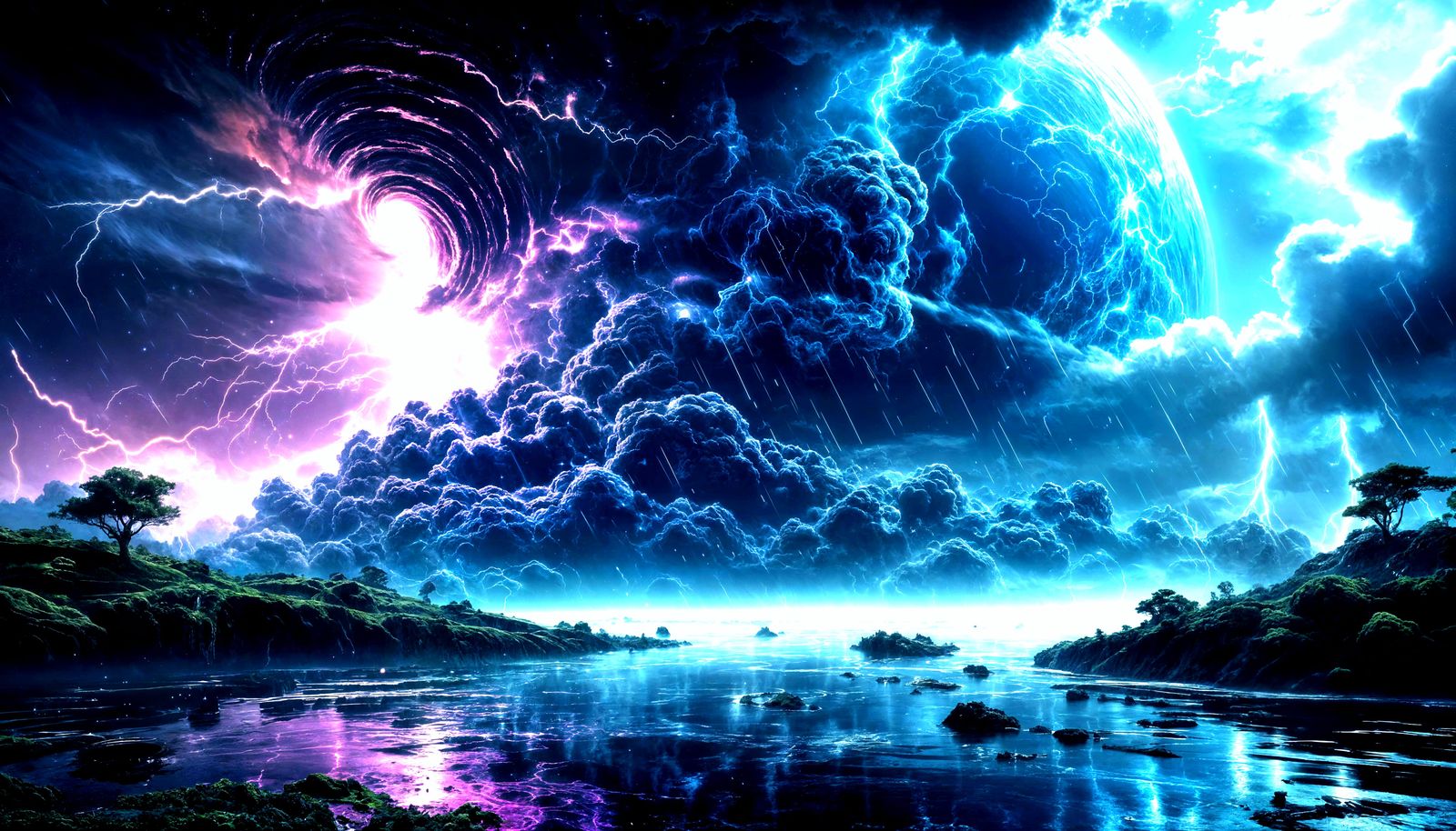 Surreal Cosmic Landscape with Spiral Storms in Dark Blue Ski...