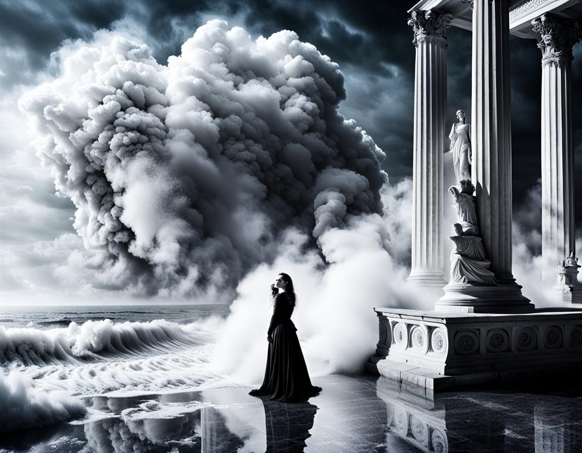 giant ocean waves. smoke. intense white light. fog. female g...