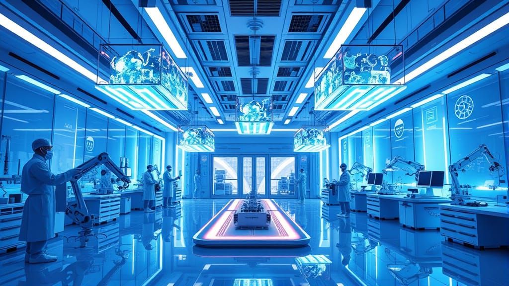 Futuristic Laboratory with Holographic Displays and Robotic ...