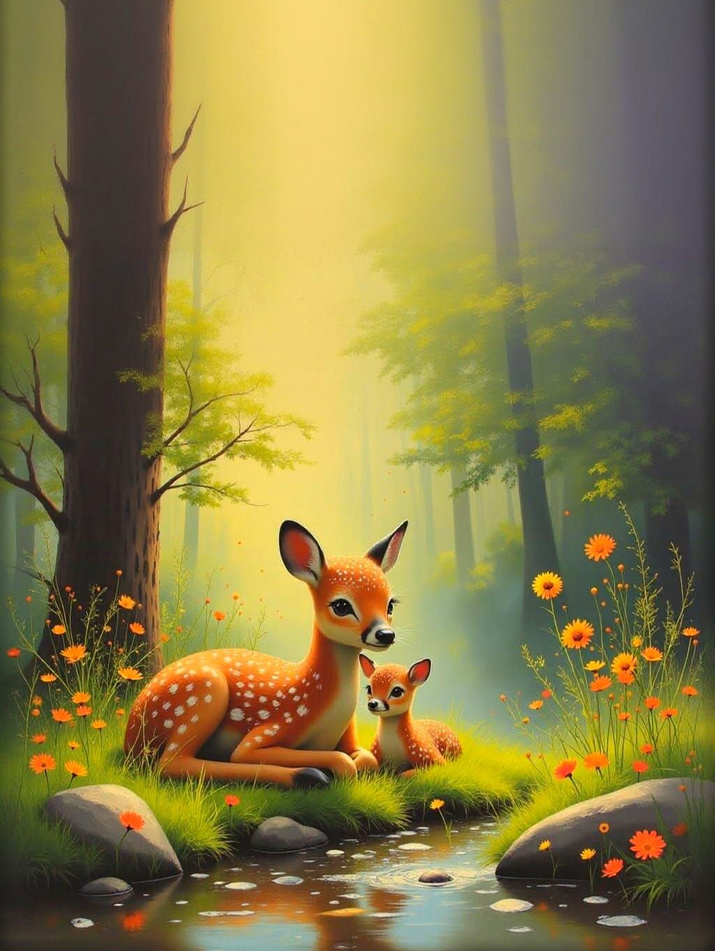 Dainty Deer Mother and Fawn in Forest Clearing