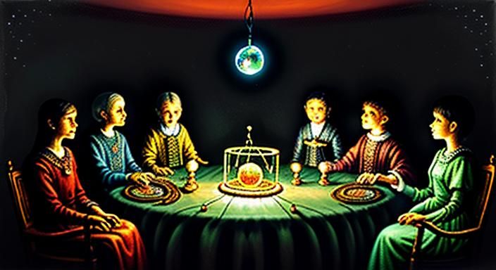 five people in a dimly lit old fashioned room sitting around...