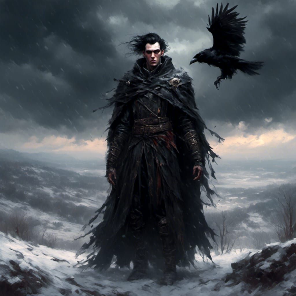 Male warlock wearing a rich robe with a raven. Dark snowy landscape ...