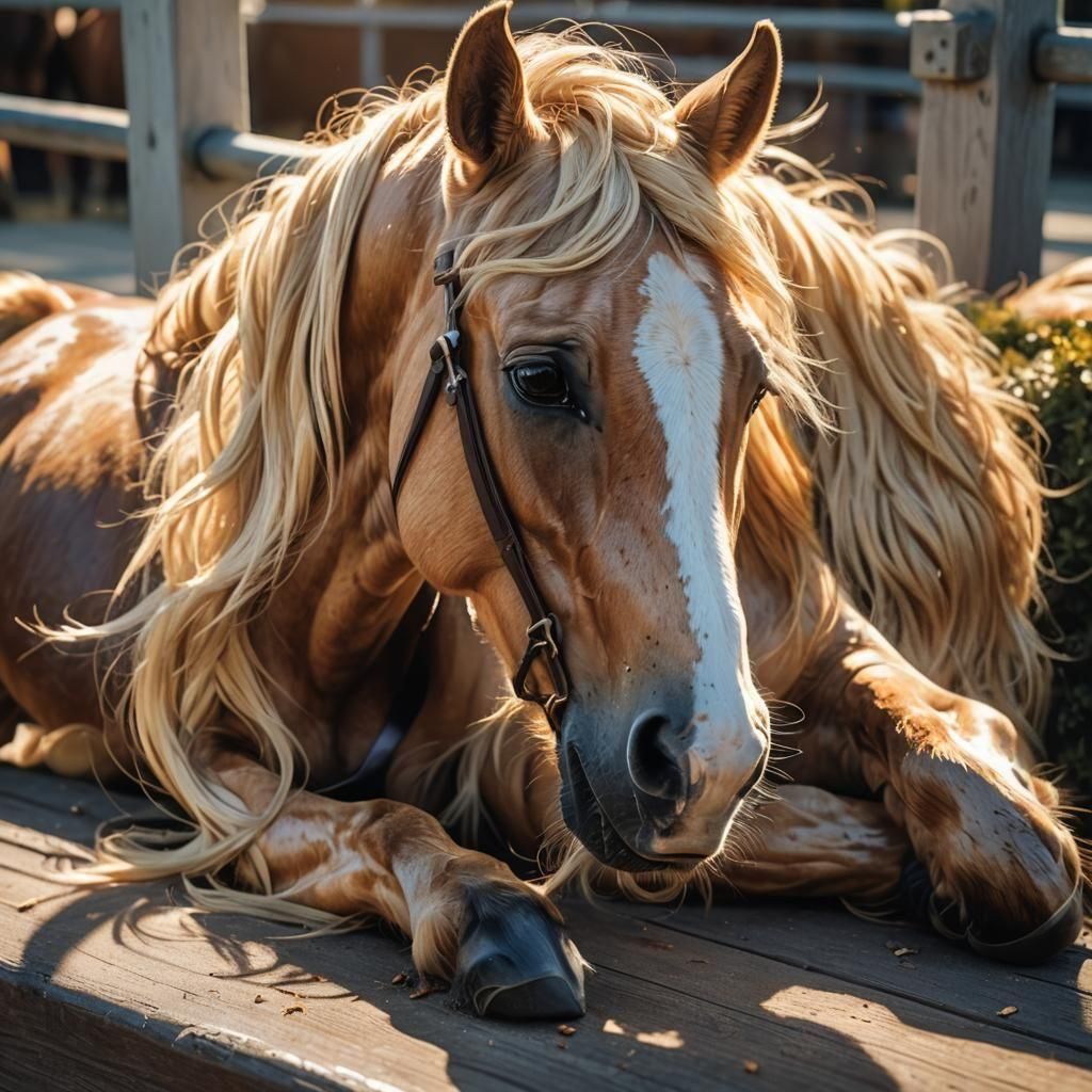 A blonde racehorse lying on its side on the ground by the railing