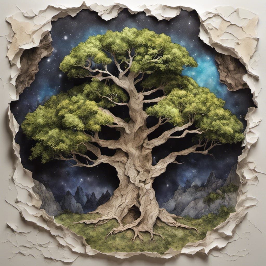 Yggdrasill, Ash Tree,  Niflheim, 3D Torn Paper Collage, Norse Mythology, Textured Watercolor Paper, detailed matte painting ...  by @Jennifer