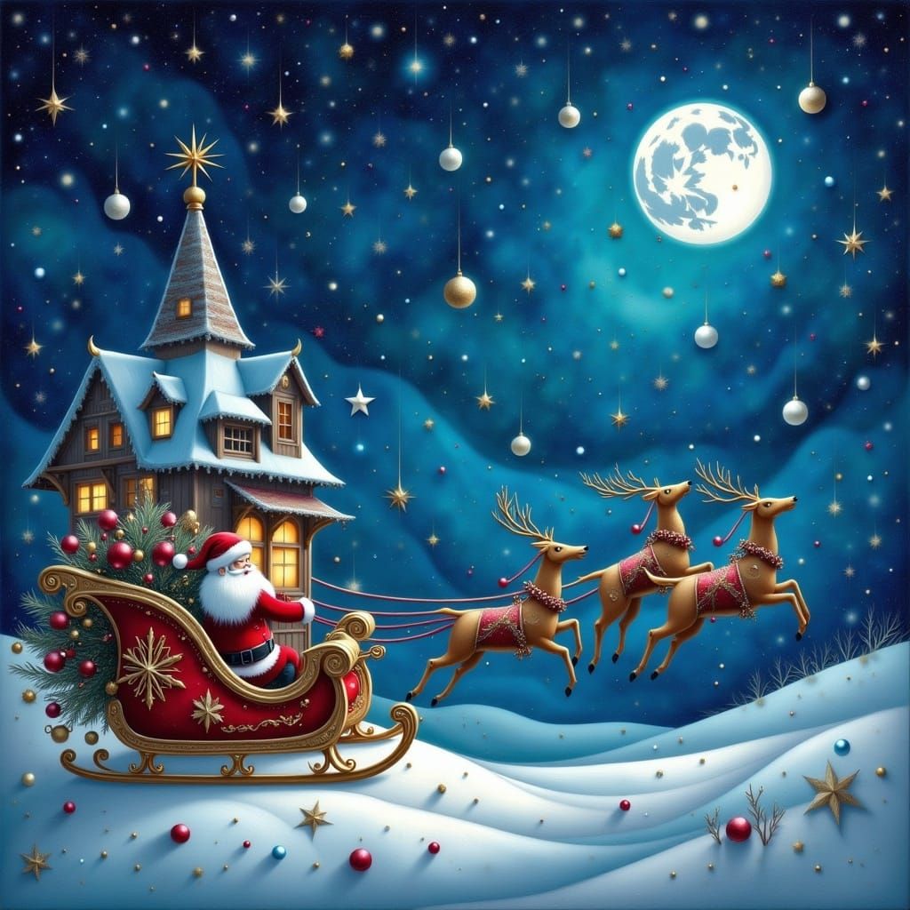 Santa's sleigh racing across the night sky, whimsical, enchanting <lora:Earth and stone:1.0> 