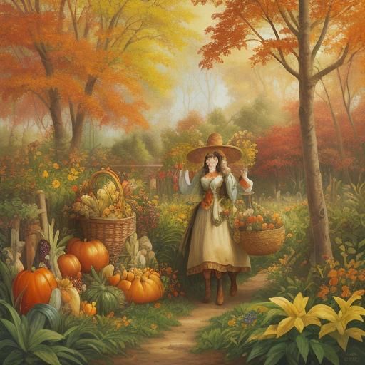 Autumnal Garden Scene in Whimsical Folk Art Style