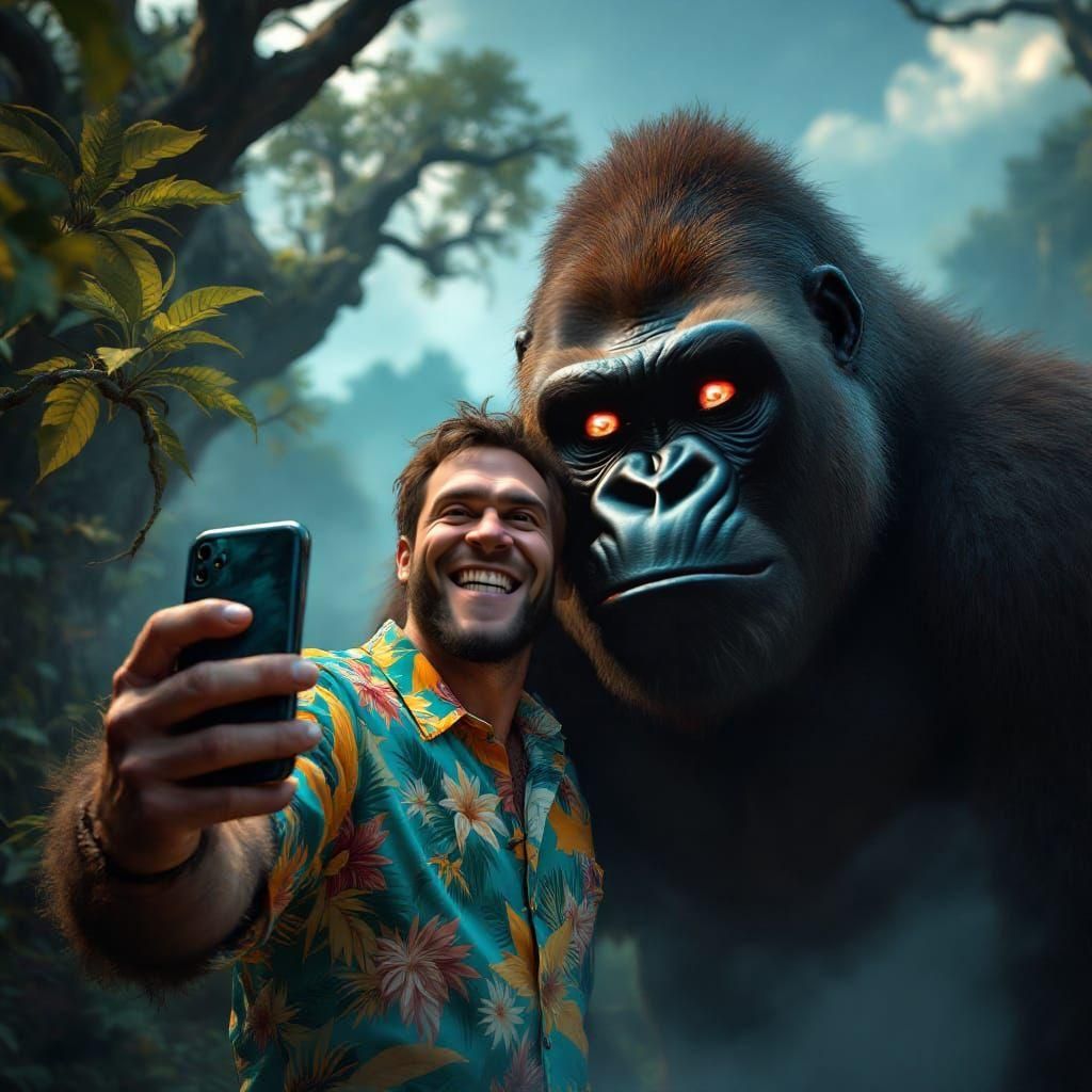 Man taking selfie with a gorilla, the gorilla looks angry and the man is smiling