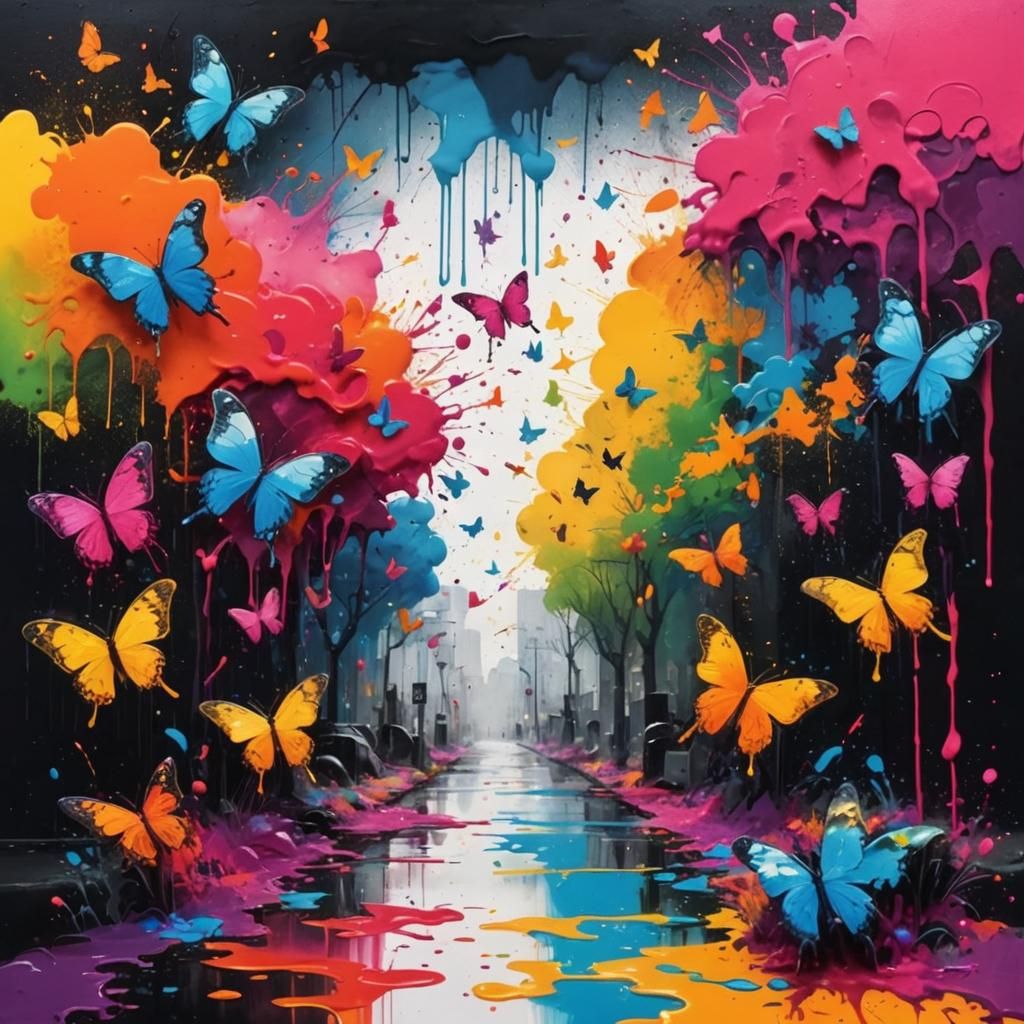 landscape with butterflies made with ink splashes graffiti art, splash