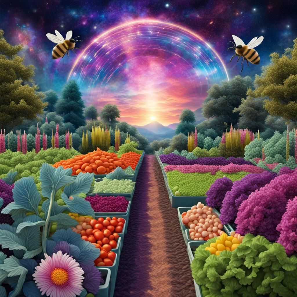 Beautiful rows of flowers, next to a garden of vegetables. Bees right above or on the plants pollinating both gardens. (...