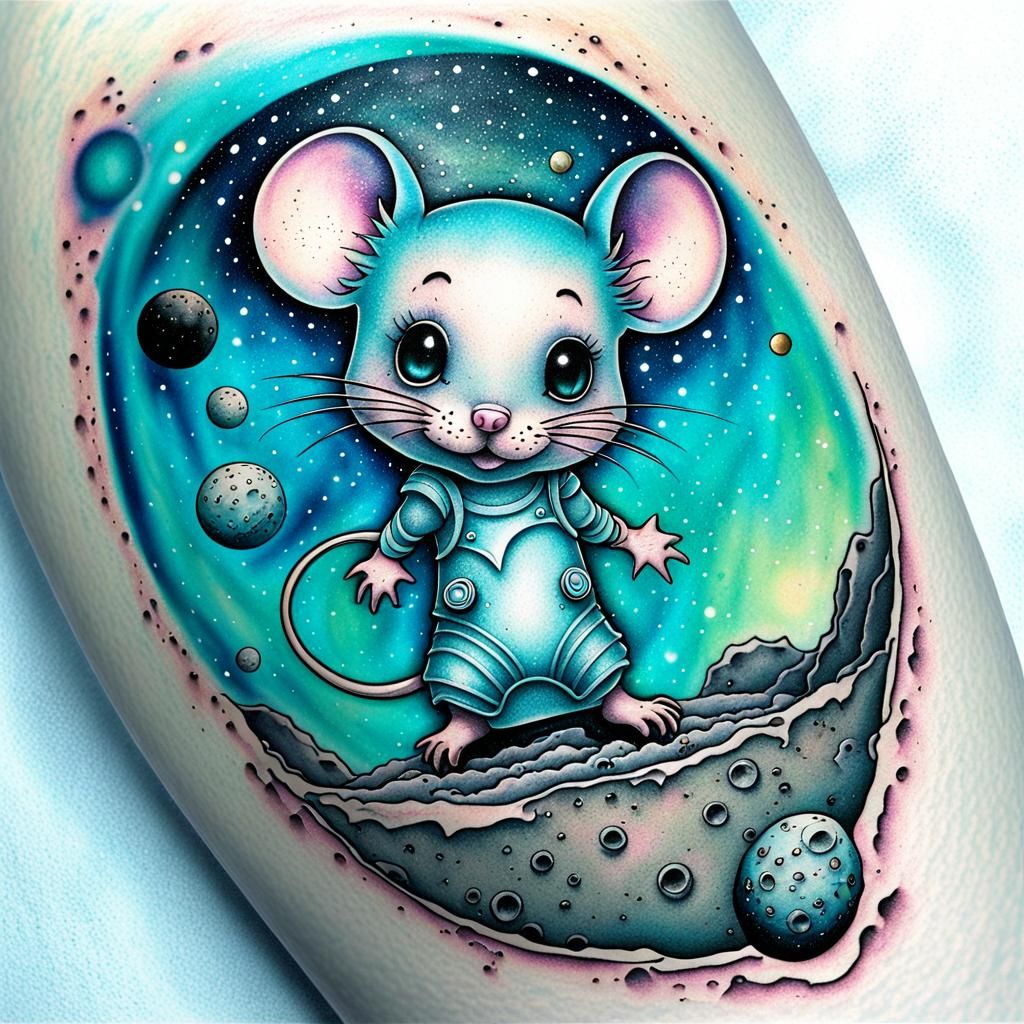 Photograph, square tattoo of aqua chibi mouse standing on th...