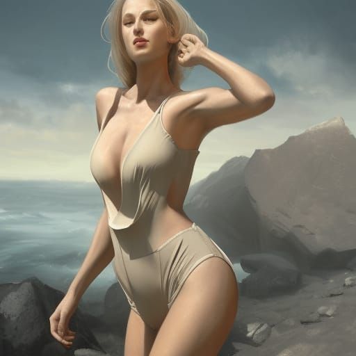 Beige Swimsuit Model in Dynamic Digital Art