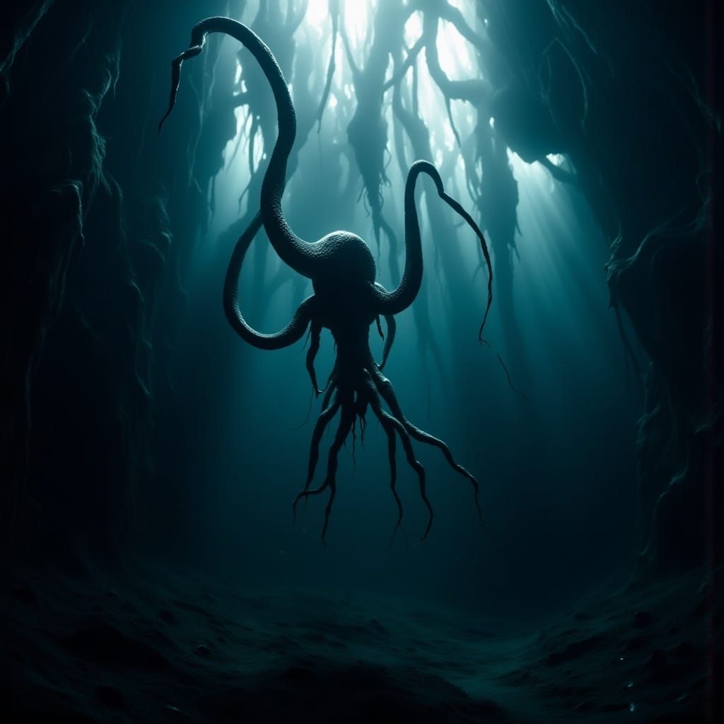 <lora:Giggity Giggity:1.0> surreal horror Ectoplasmic tentacles reaching underwater from the depths. Working in low light intensities is a g...