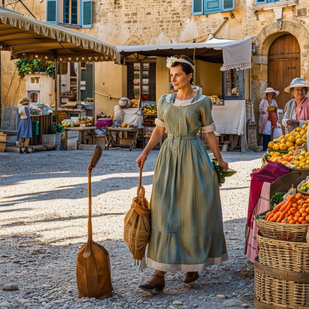 A woman strolling on the market square of a village of Prove...