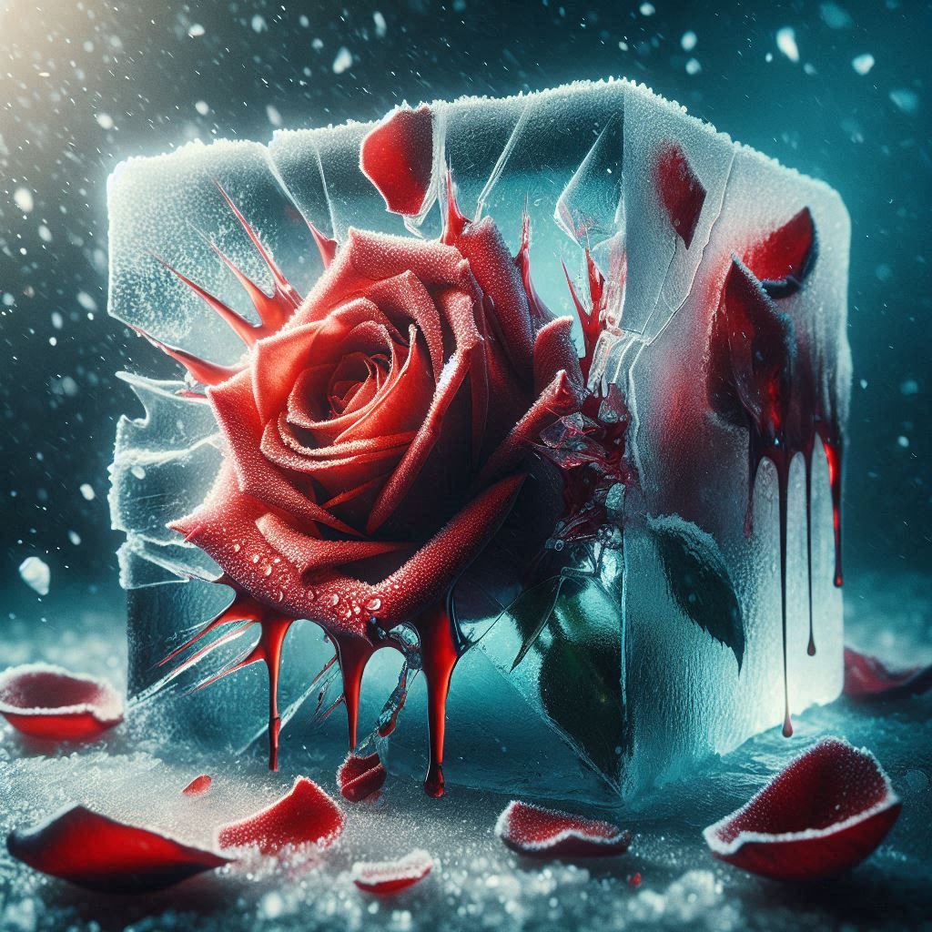 RED ROSE IS BREAKING THROUGH AN ICE CUBE