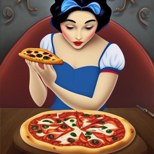 Snow white eats a pizza - AI Generated Artwork - NightCafe Creator