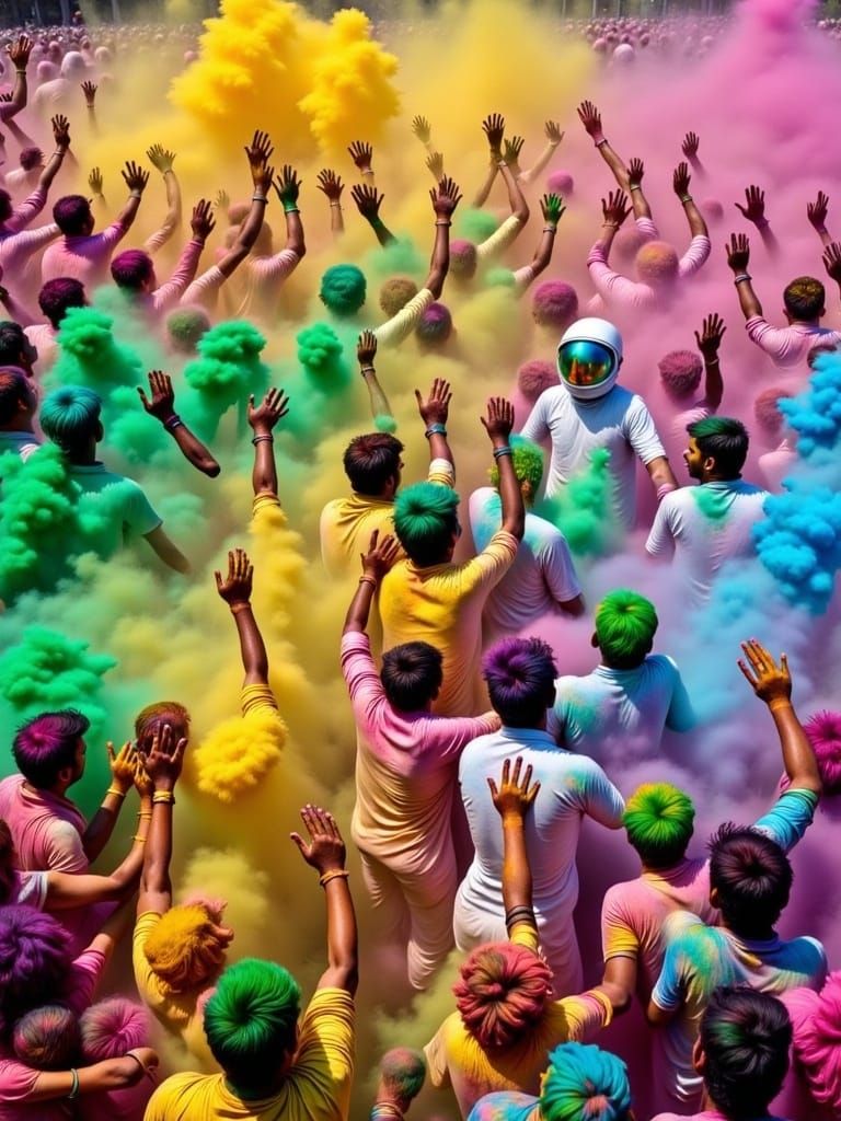 <lora:Holi for Flux:1.0> An astronaut lying in a garden of flowers. The universe is reflected in the visor.