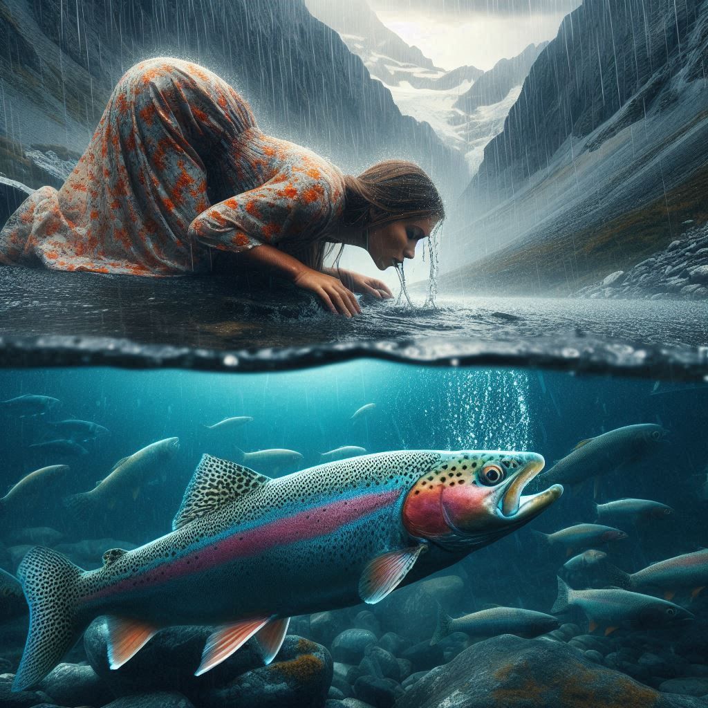 drinking with fish in river