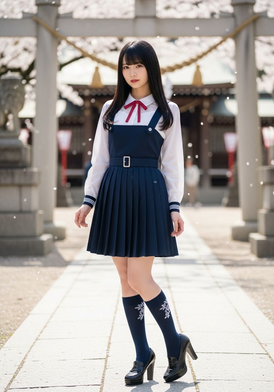 Kaori at a shrine surrounded by falling cherry blossoms. (Li...