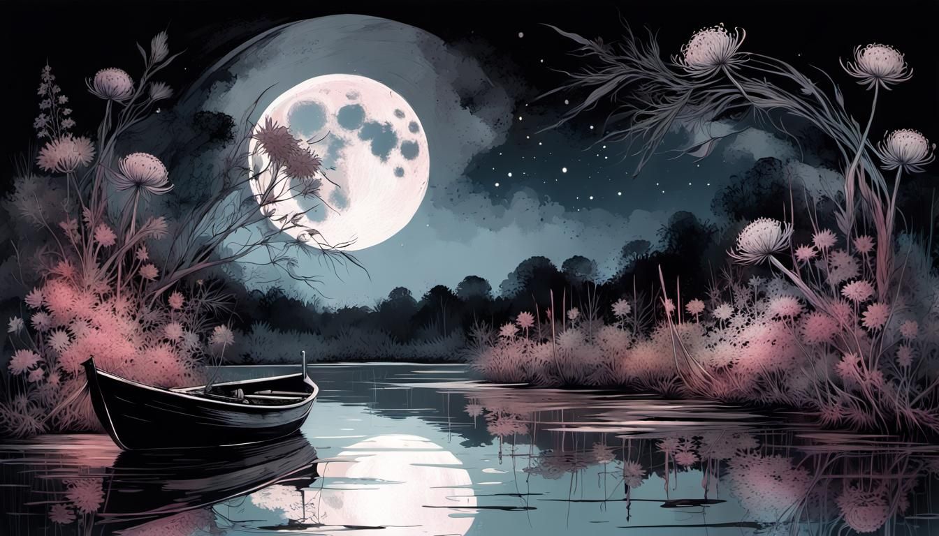 A romantic river scenery at a moonlit night