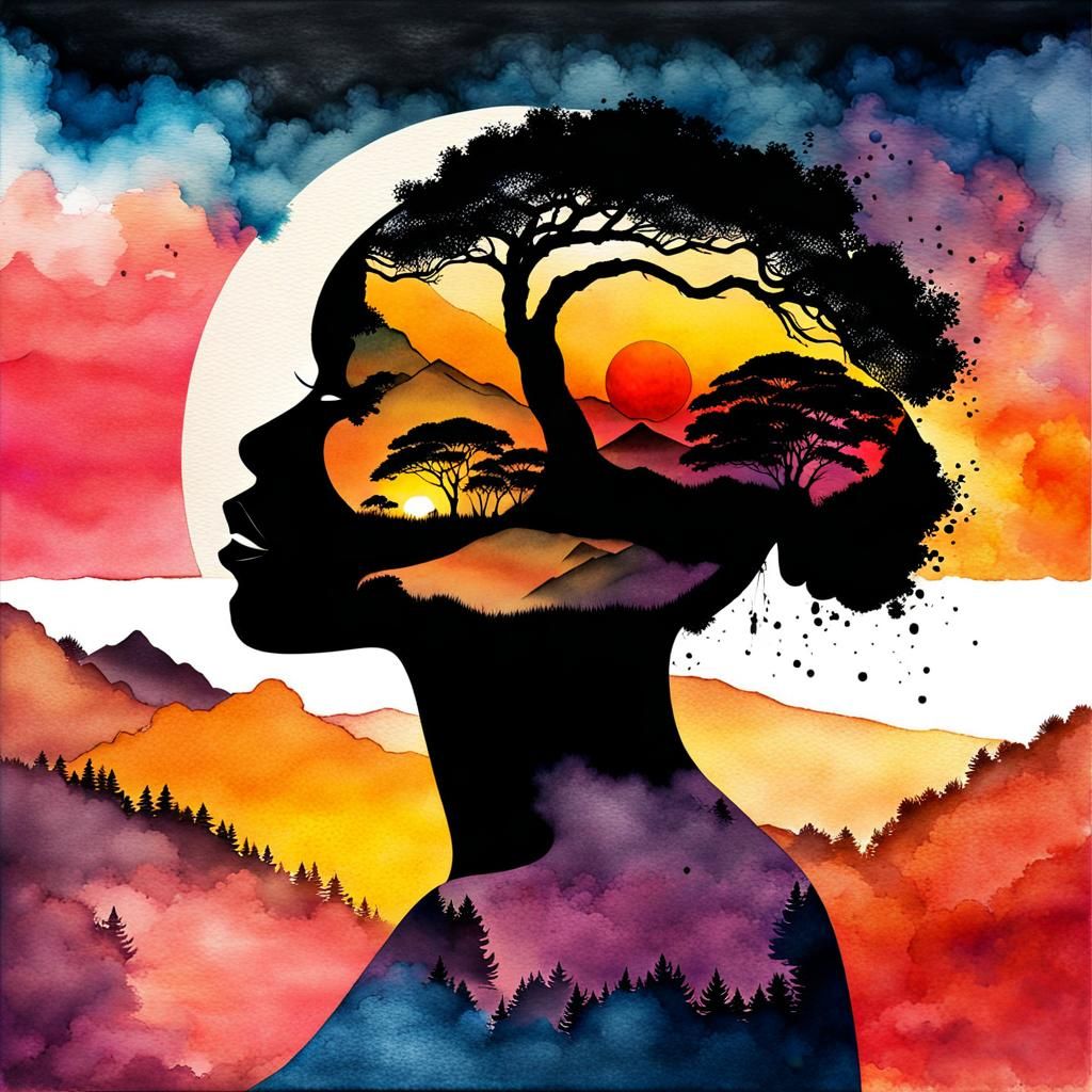 2/3 sided silhouette profile of african beautiful face water color+Moontain +sunset,  double exposure ...  by @EllisWhite