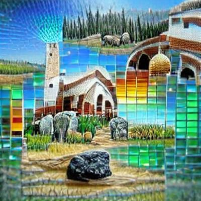 Ancient Landscape Colored Church Glass Mosaic photorealistic