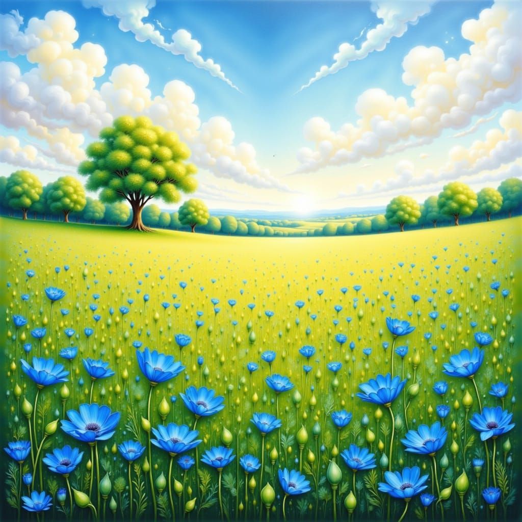 Ein wunder schöner Frühlingstag , eine Wiese mit blauen Mohnblumen.<lora:Bunte Vielfalt:1.0>