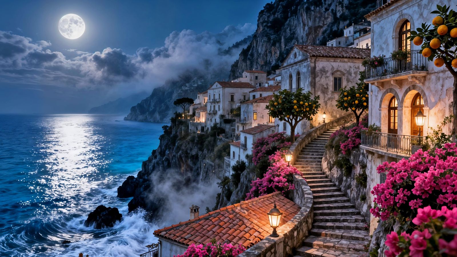 Moonlit Amalfi Cliffside Village  by @Hallkatla