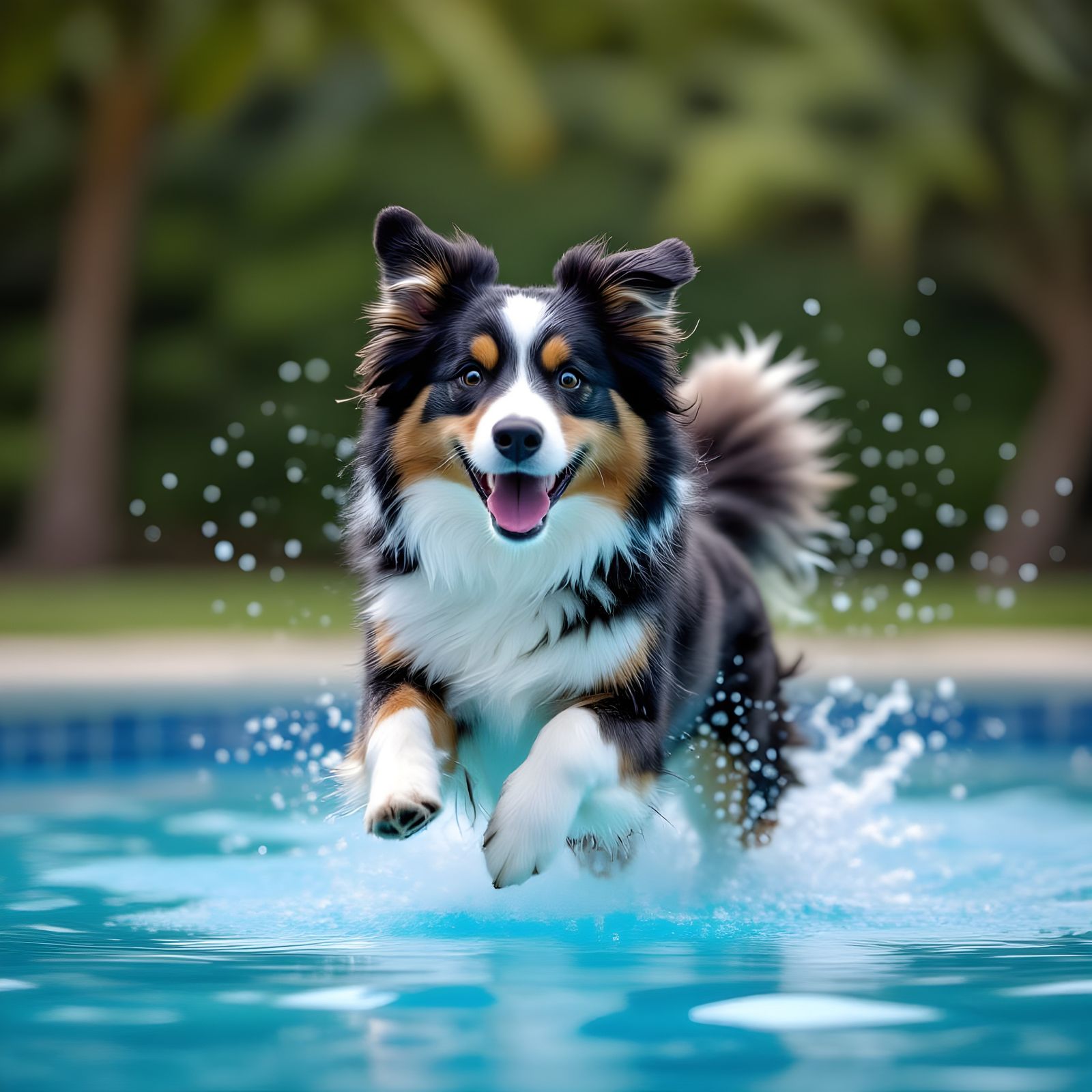 White Puppy Jumps in Pool