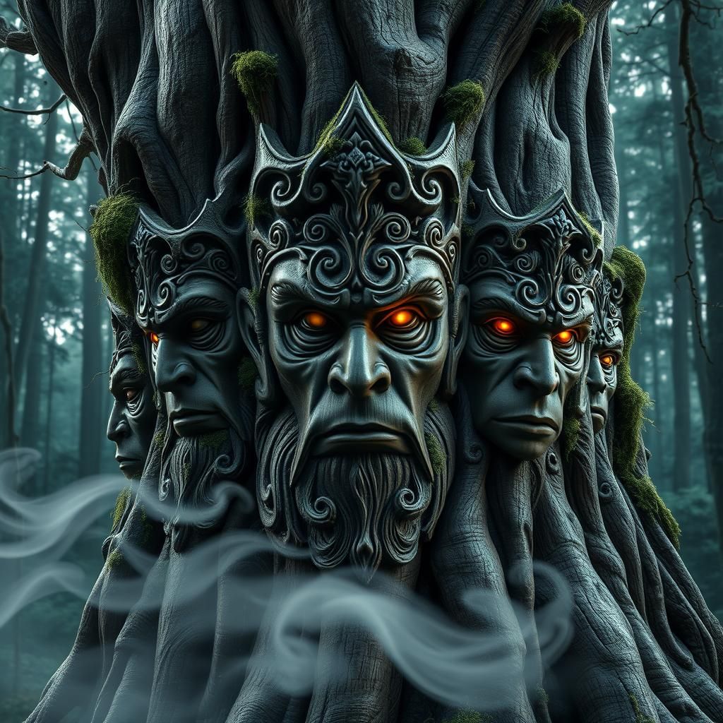 Mystical Tree Carvings with Ancestral Faces