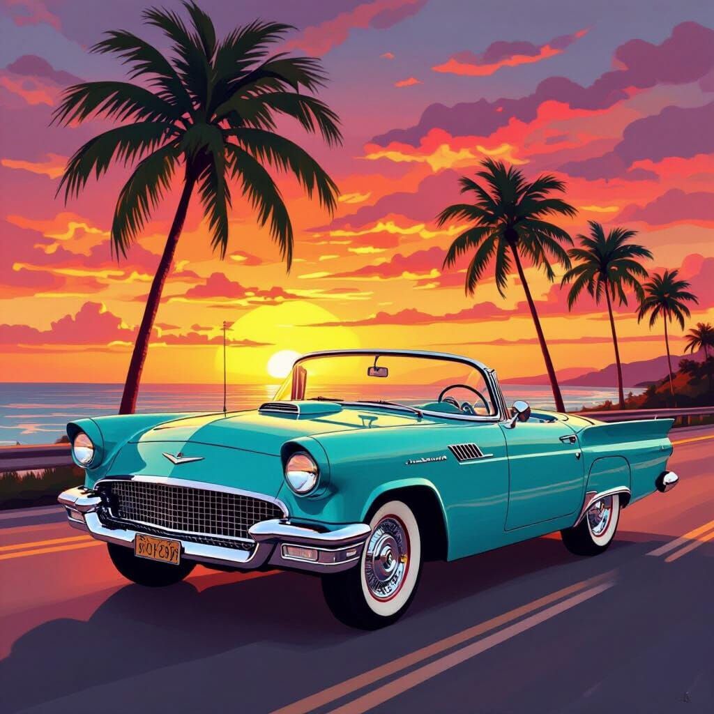 imagine a vintage convertible cruising down a winding coastal highway at sunset, with palm trees swaying ...  by @Nemesis 