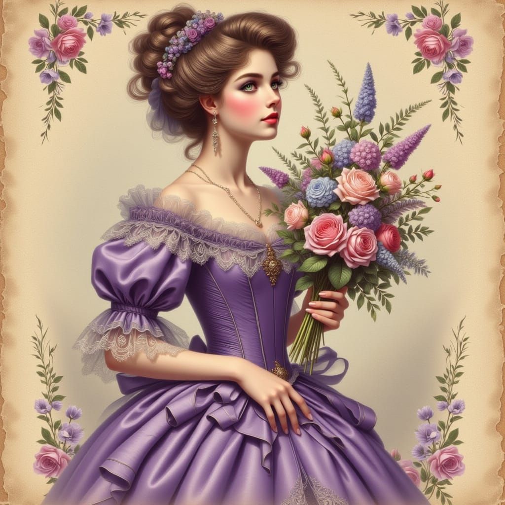 Rococo Gibson Girl in Violet Dress with Flowers