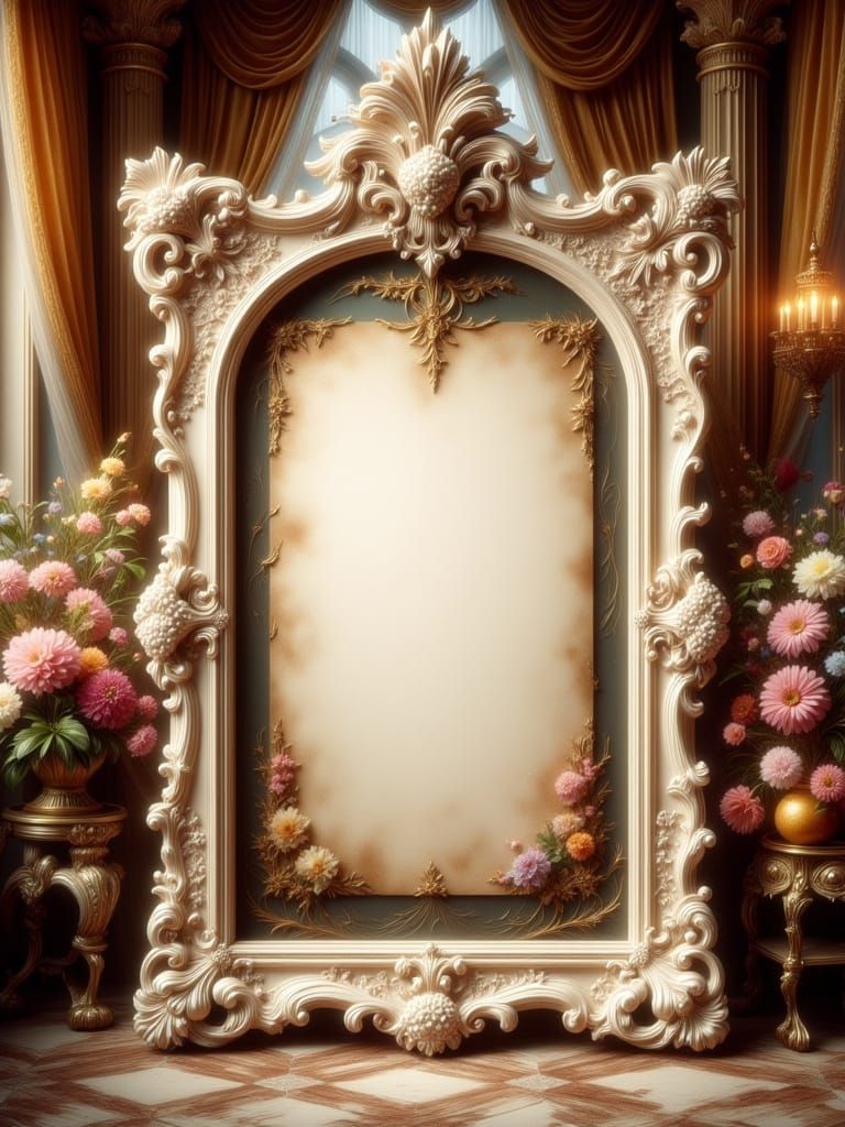 <lora:Antique Watercolor 2:1.0> מסגרת תמונה מלבנית גבוהה ומקומרת, עם דף ריק בצבע קרם מנומר בפנים, מגולפת ומעוטרת בסגנון לואי מפואר ובולט, עו...