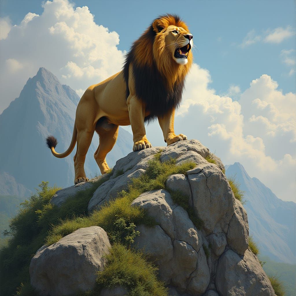 Majestic Lion Ascends Rugged Mountain Peak in Vibrant Colors