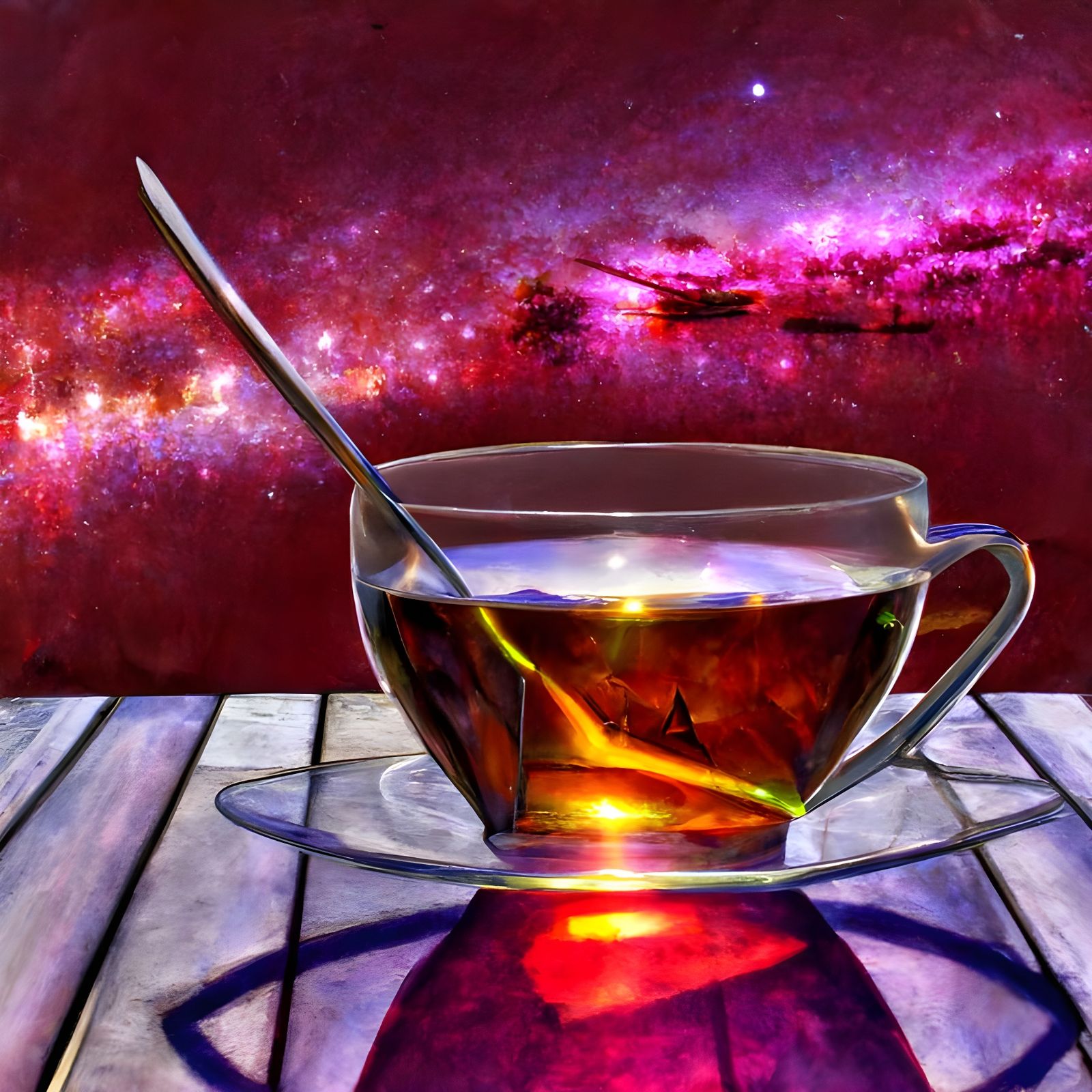 Faceted table-glass of tea with tea-leaves floating in it an...