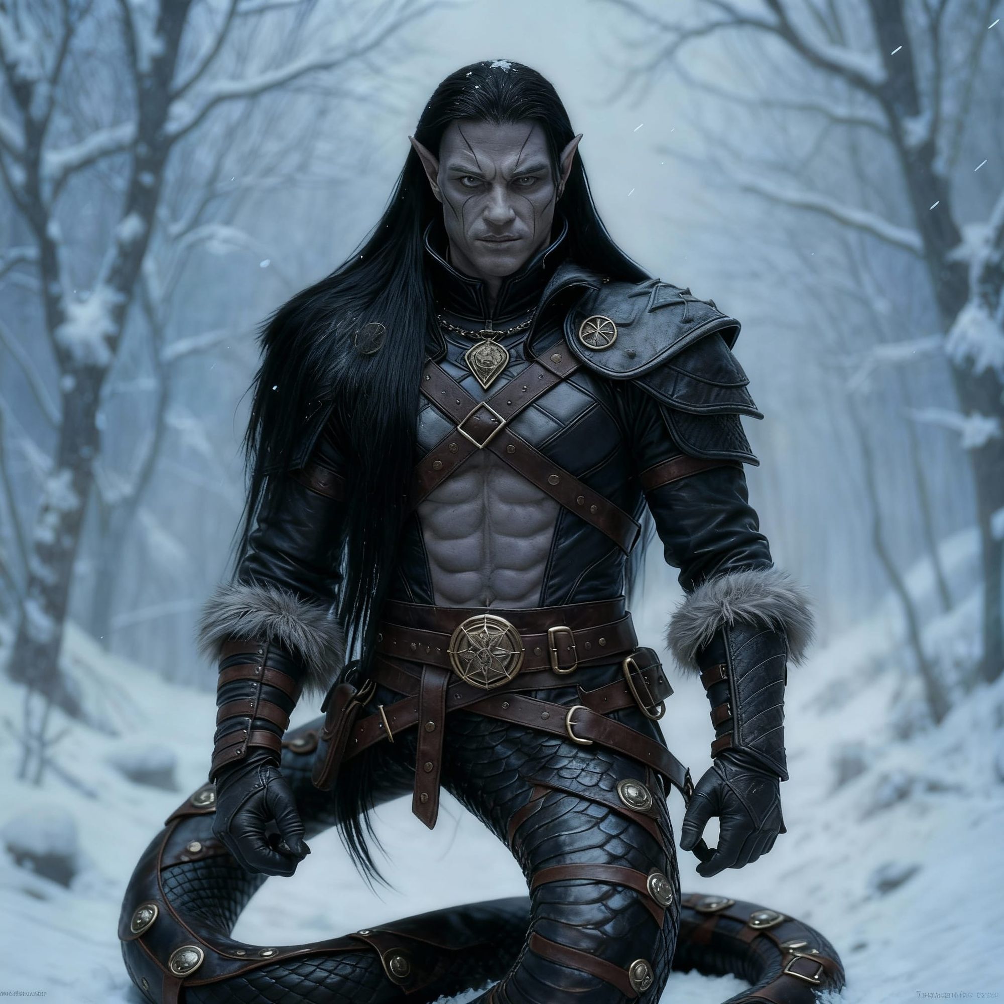 A winter scene of a yuan-ti male with pale upper half and black snake scaled lower half in medieval fur-lined leather armor no legs