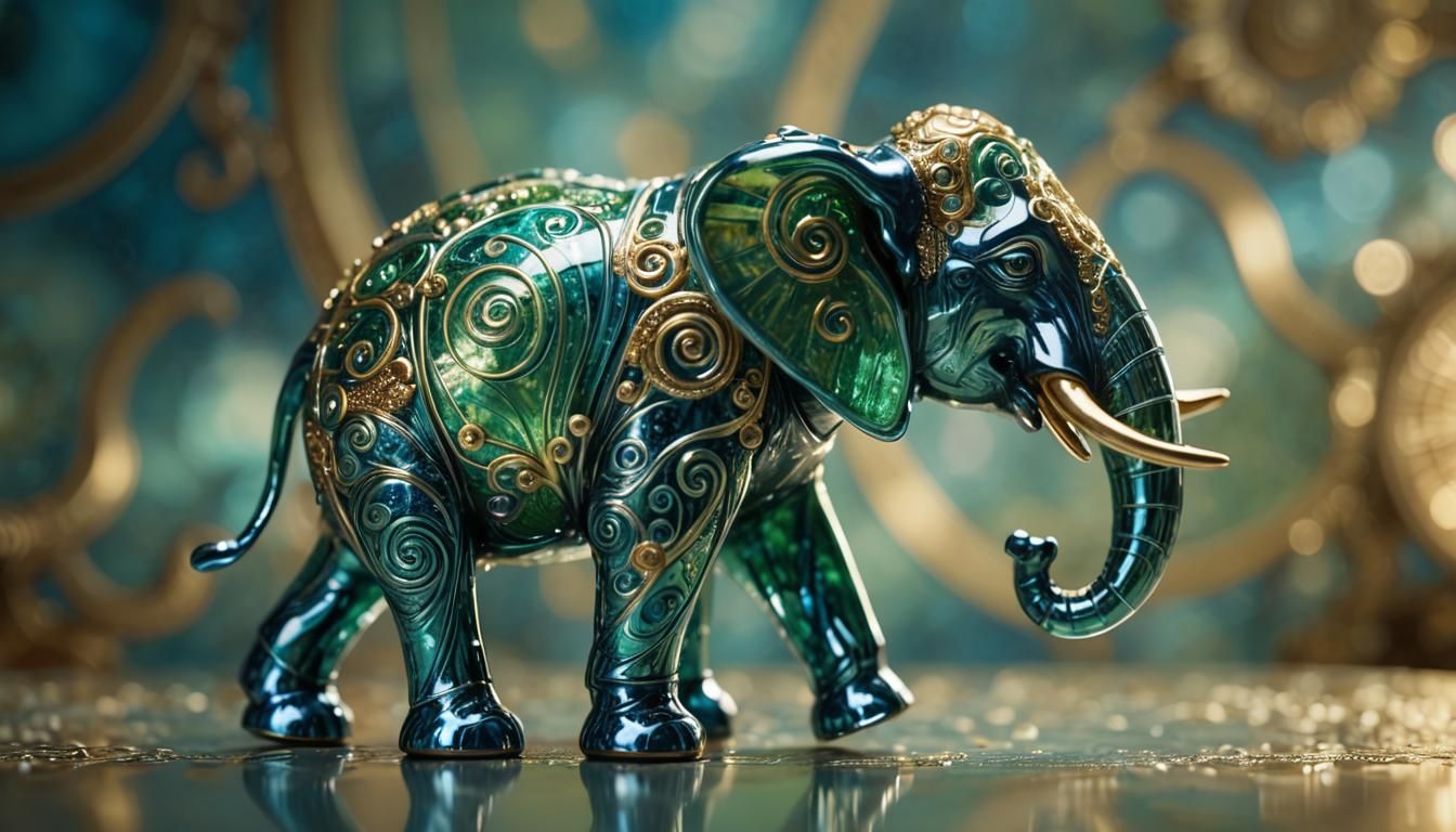 A miniature glass elephant with swirling patterns of blue, green, and gold enamel on its body, standing ...  by @SuSasi