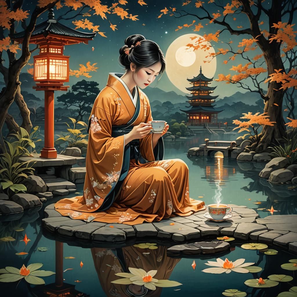 Stunning chalk art of a woman drinking tea at night, Japanese pagoda, koi pond, moonlight, fine and delicate ...  by @char aznable