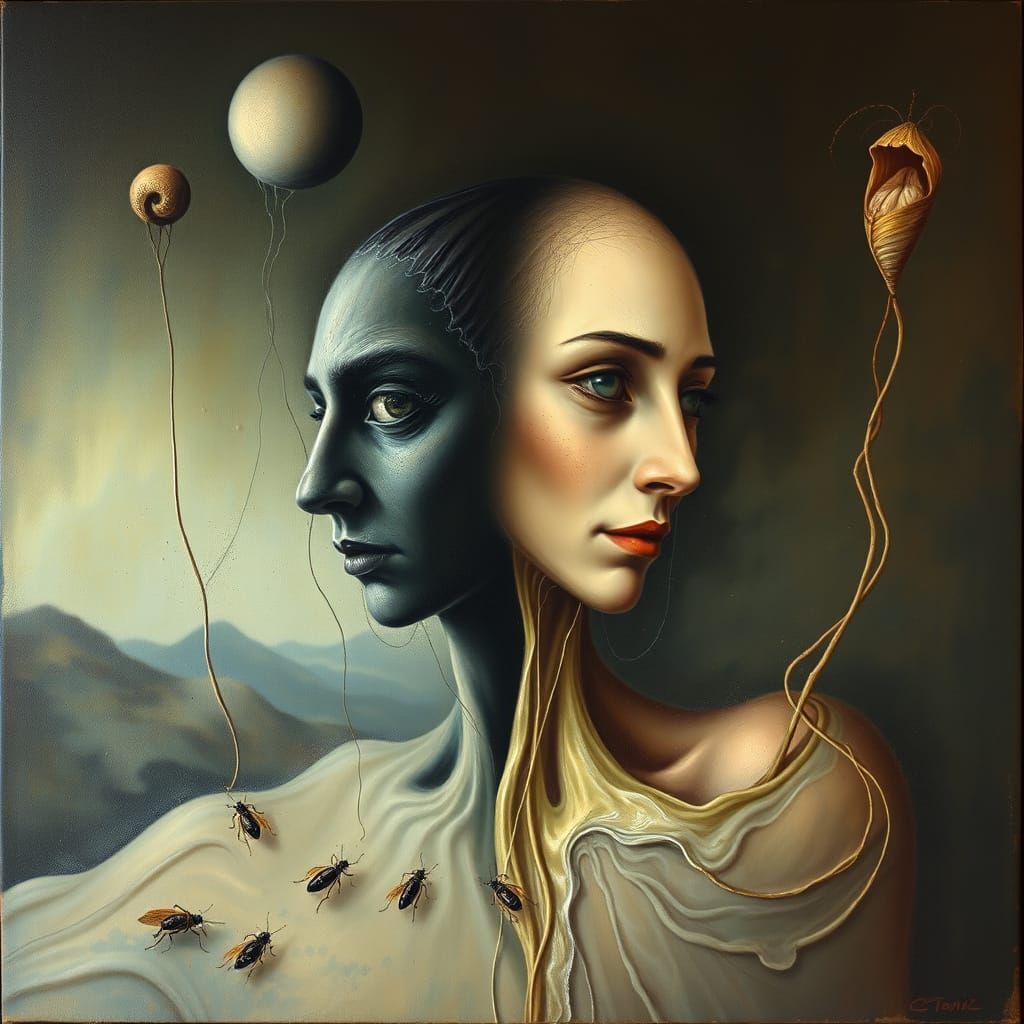 Surreal Double-Headed Serpent Emerges from Melting Oil Canva...