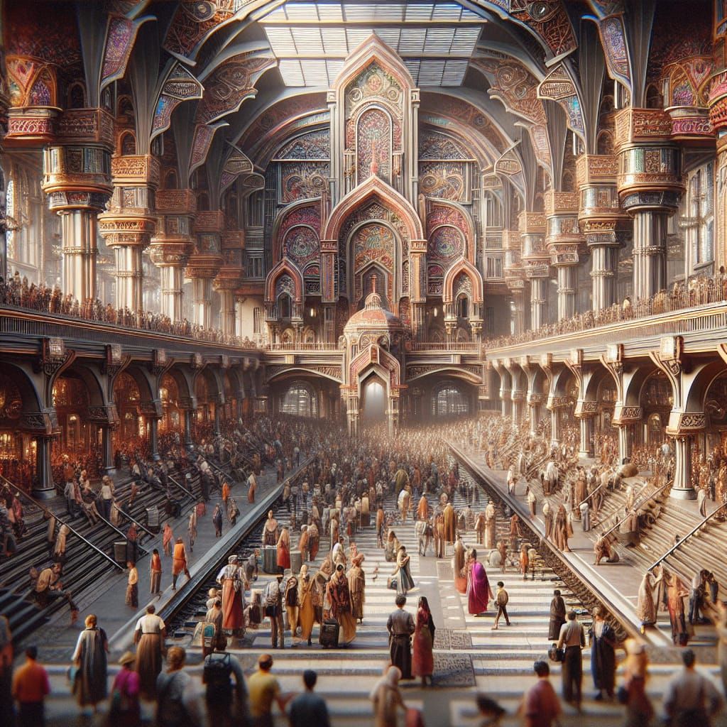 Fantasy Train Station Concept Art in Matte Painting Style