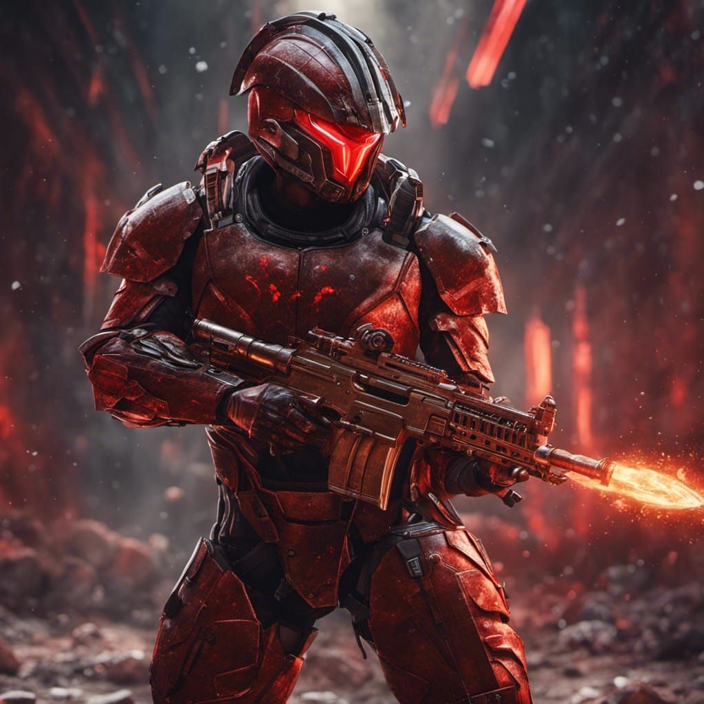 A sci fi Spartan bronze bullet proof armour carrying a glowi...