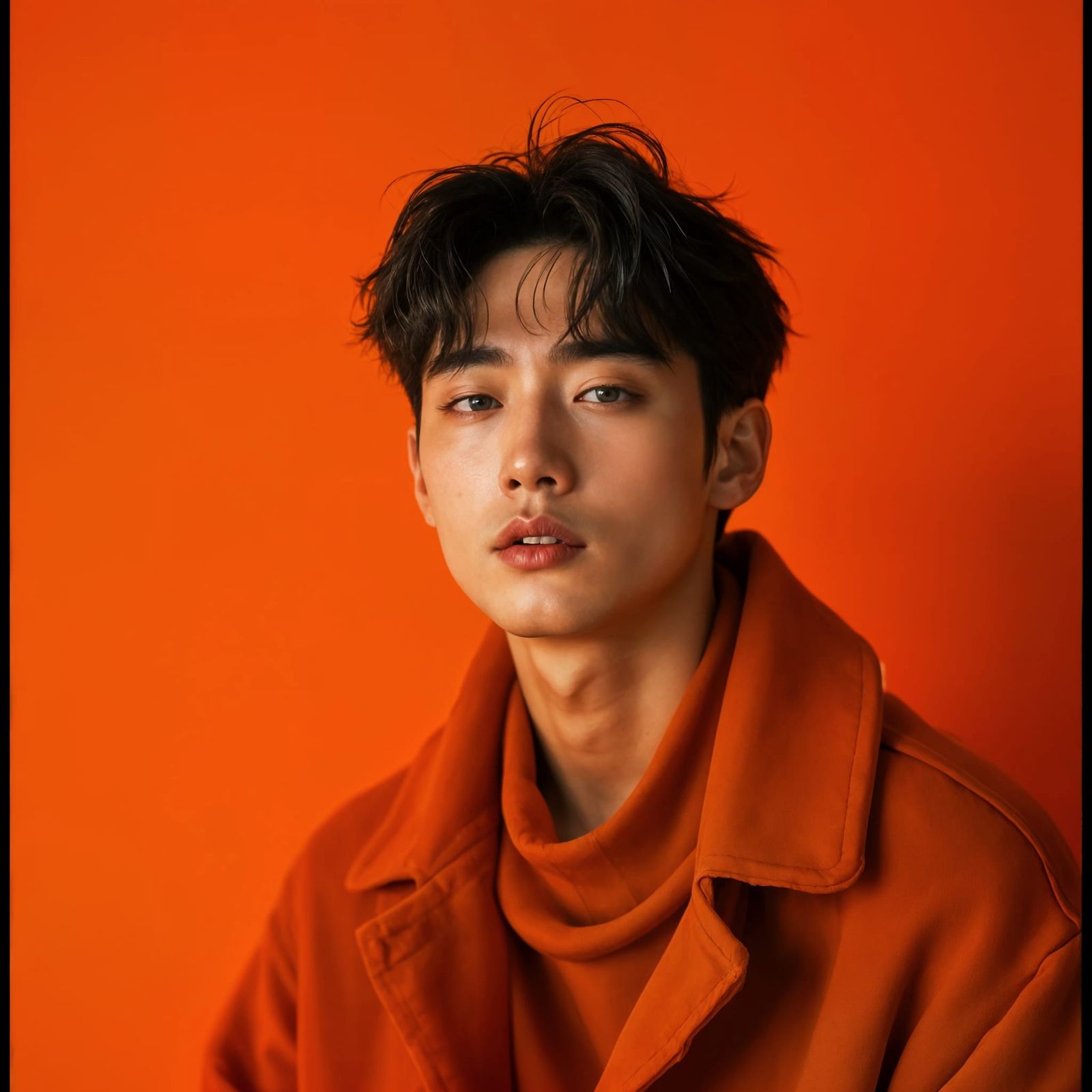 Portrait of a Korean Male Model in Vibrant Orange