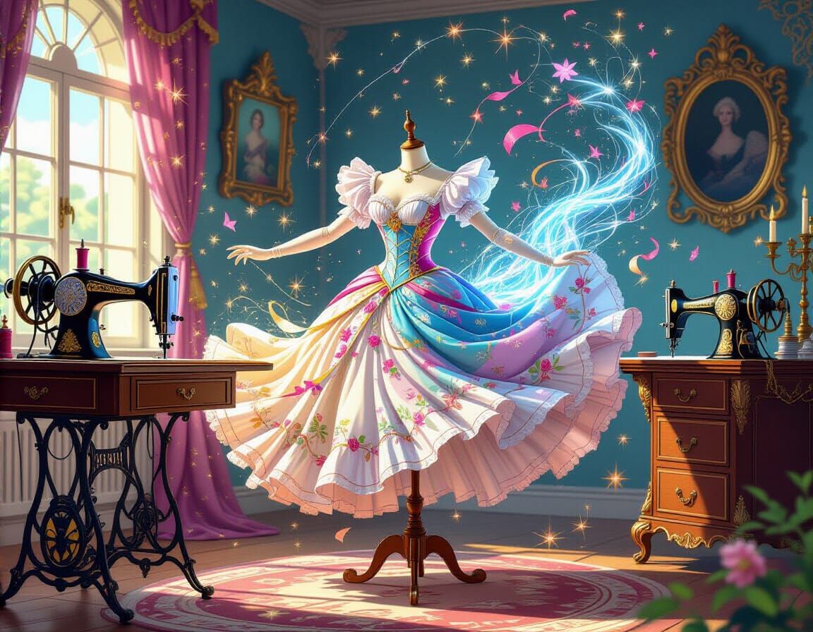 Gentle illustration : sharp lines : vivid colors : photorealism : futuristic - baroque magical, enchanted tailors : ancient sewing machines ...