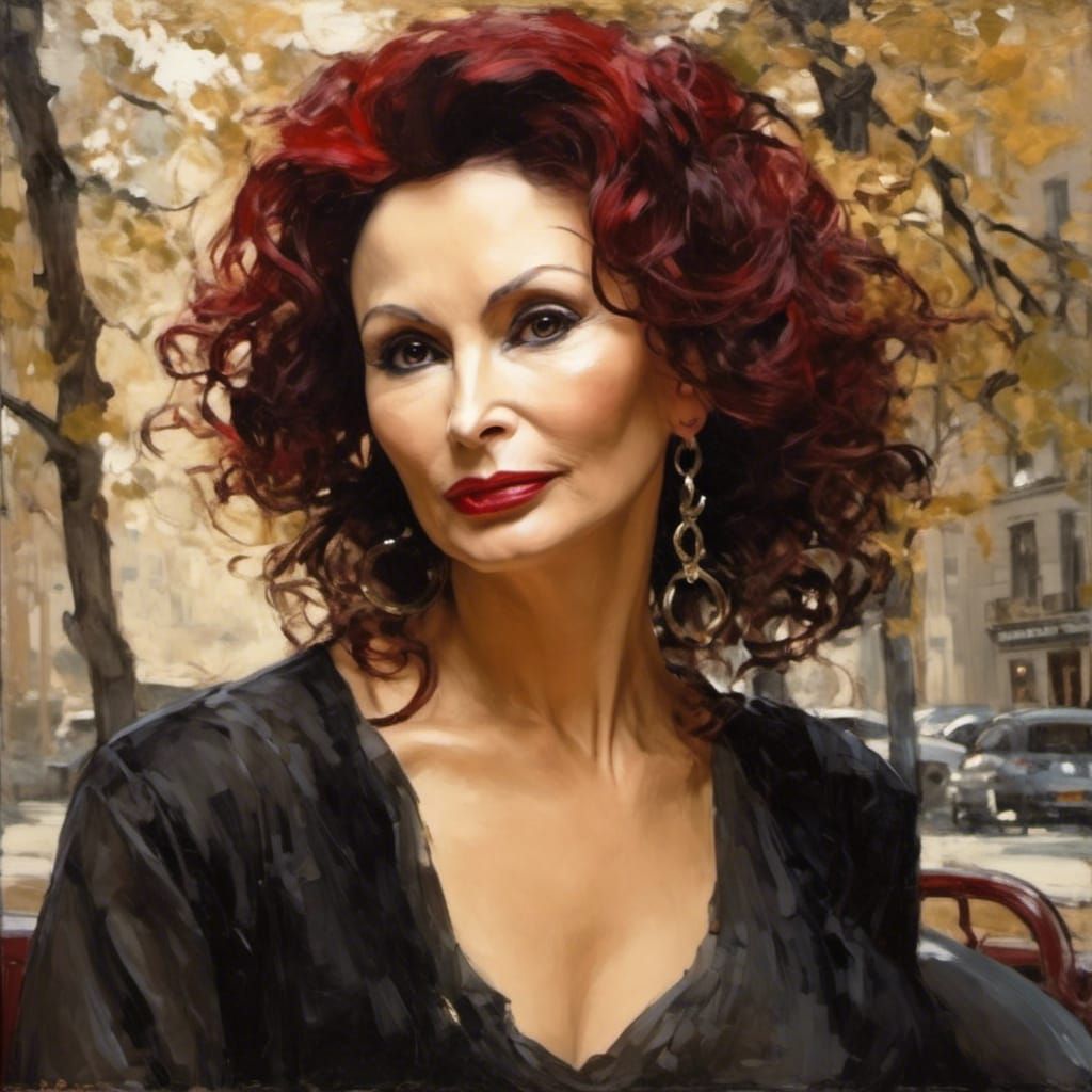 Exotic Woman in Parisian Cafe, Oil Painting