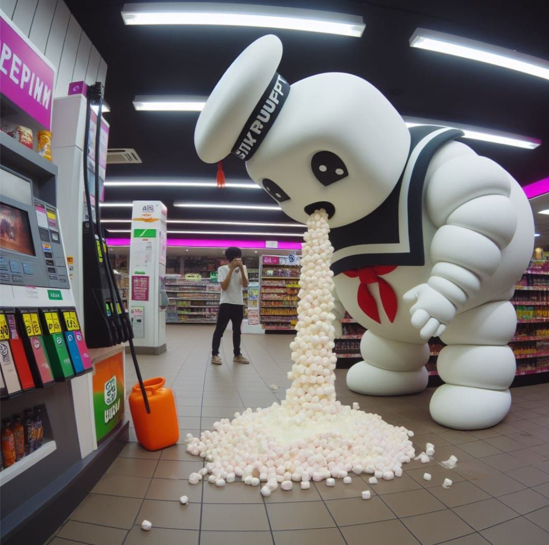Stay Puft Marshmallow Man throwing up Marshmallows in a gas station convenience store